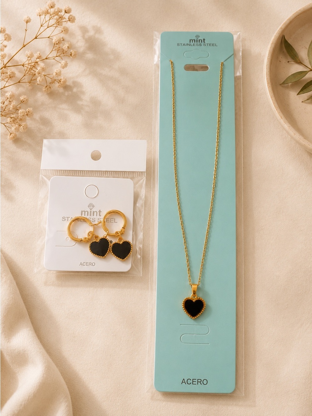 Black heart necklace with earrings black and gold stainless steel